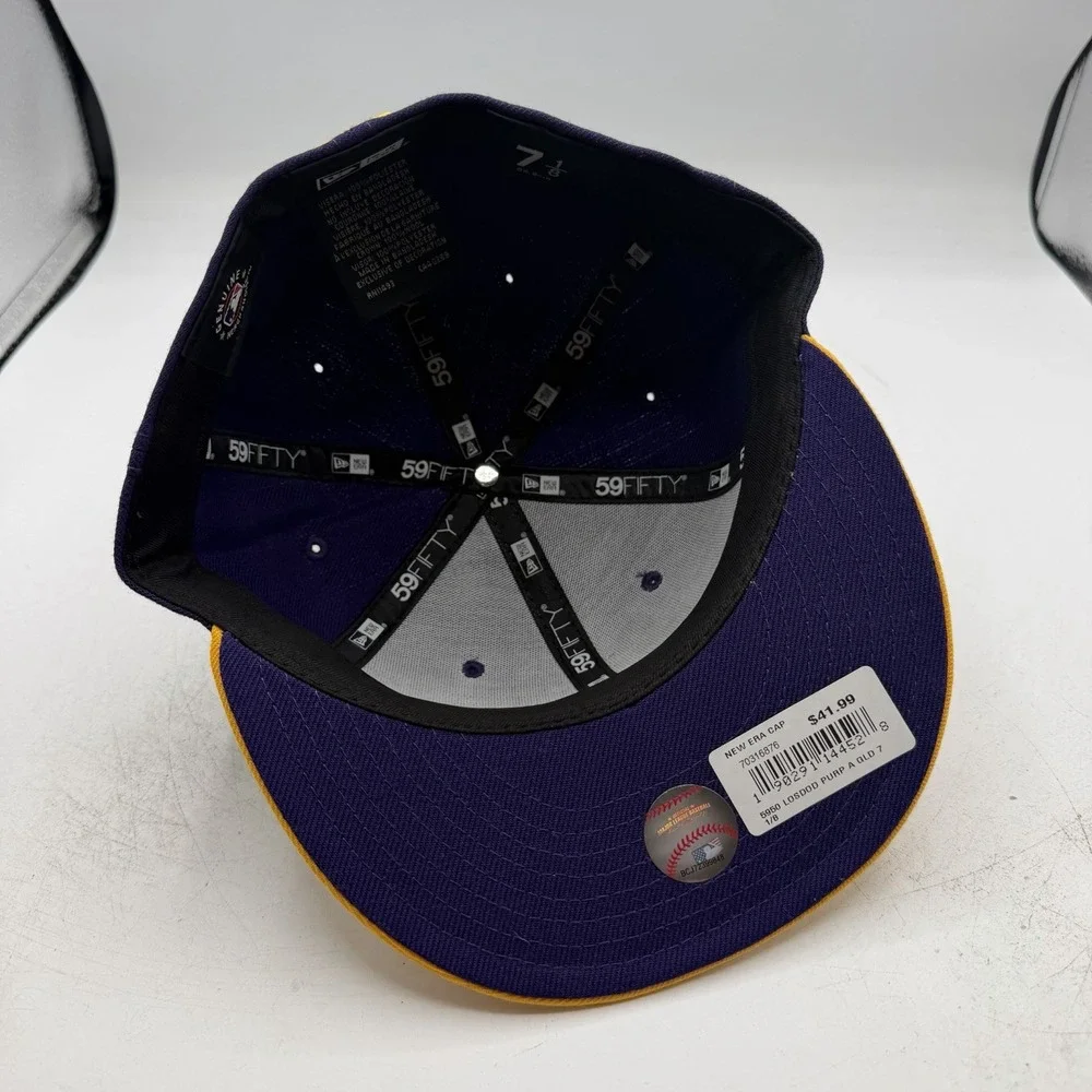 New Era 59Fifty Los Angeles Dodgers Hat Cap Sz 7 1/8 Fitted Purple Gold MLB
